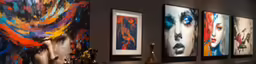a colorful wall with a number of different frames and artwork