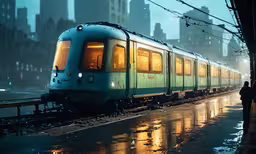 an image of a train that is traveling in the rain,a train drives along the tracks in the rain