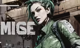 a woman in a leather outfit with green hair