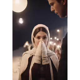 the woman with a scarf is covering her face