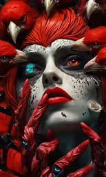 an artistic photo of a woman with red hair and black face makeup