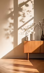two vases of flowers and a wood cabinet on a wood floor
