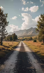 a dirt road with mountains in the background