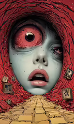 a surreal face with big eyes surrounded by other things