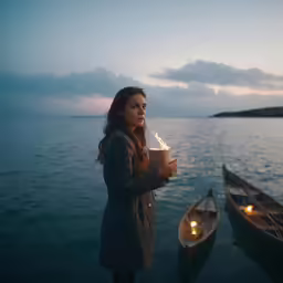there is a woman standing next to two boats on the water