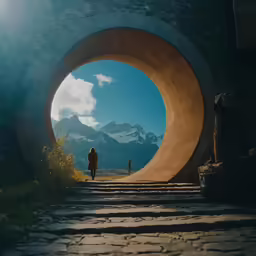 a man walks along stairs with a stone tunnel in front