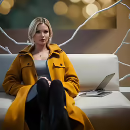 a woman in yellow coat and black pants sitting on a white couch