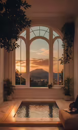 a room with many windows a small water feature
