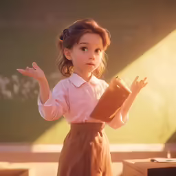 a small girl is standing in front of a table