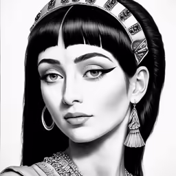 a drawing of an egyptian woman with long black hair