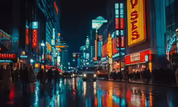 many people and buildings in the city are lit up