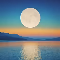 the full moon above a lake with mountain ranges