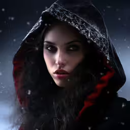 a lady with a hoodie is posing for a portrait,a beautiful woman with dark hair wearing a black hooded jacket