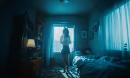 a woman standing in a dark room in front of a window