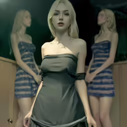a woman with blond hair is standing in front of some dressed dresses