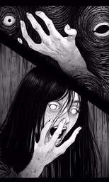 an illustration with two hands reaching out to a creepy woman
