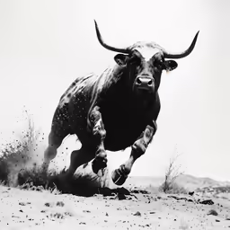 black and white photograph of a running steer
