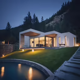 a home that has grass and some lights on