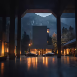 night time at a building with mountains in the distance