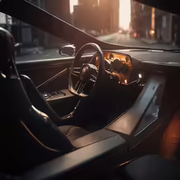 a car with black leather upholstered interior and dark dash board
