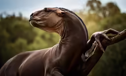 a brown horse is standing up next to some trees