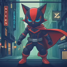 the character with red cape standing in front of a city street