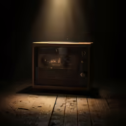 a small radio sits in a dark room with a light on