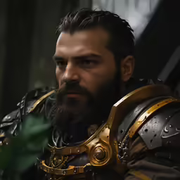 a man with a beard wearing metal armor