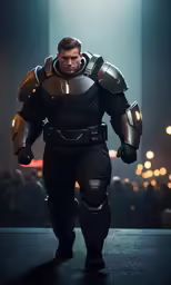 the animated character commander walks across a city street