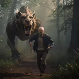 an old man is going through the woods with a big beast