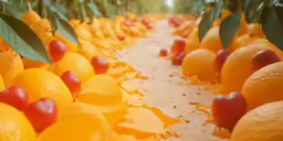 oranges with leaves and a row of others