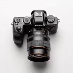 a camera and its accessories laid out on a white surface