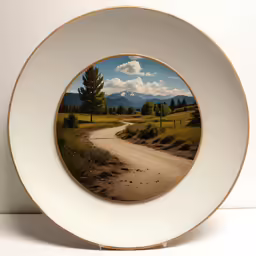 an oval white plate with an image of a dirt road and trees