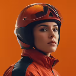 a female in a red and black jacket wearing a red helmet