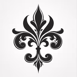 black and white fleur de lis with swirly details on a square white background,the art of fleur logo