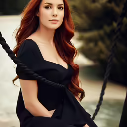 a beautiful red - haired woman in a black dress poses on a boat