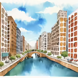 this drawing depicts the water under a bridge between buildings