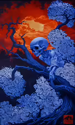 there is a blue skeleton sitting on a tree