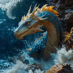 the dragon is standing in the water near the rocks