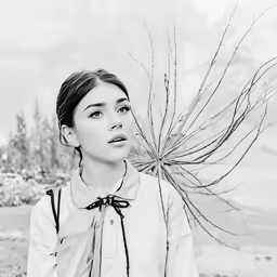 a black and white photo of a woman in the grass
