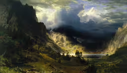 a painting showing the mountain range with large clouds,this is a painting depicting mountains, grass and water