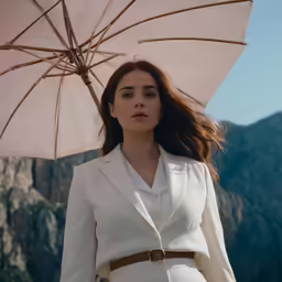the girl has an umbrella over her head and a white suit