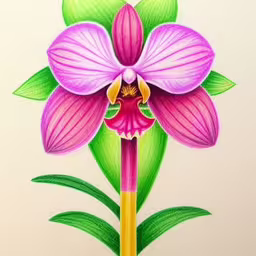 the colorful flowers in the painting are pink,a drawing of an orchid on a paper with green leaves