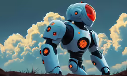 a white robot standing on top of a dirt field
