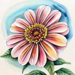 a watercolor drawing of a pink flower,a painting of a large flower on a white and blue circle,a flower painted on a white sheet with green leaves,painting with watercolors is an art form with many uses it has a very unique shape that can be applied in any art,watercolor painting of pink flower with green leaves