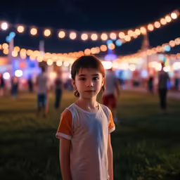 young boy in a gray and orange shirt standing under lights at a carnival