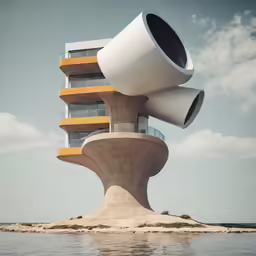 the architecture of a building on an island in the ocean