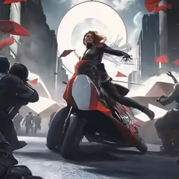 woman on scooter surrounded by flying flags