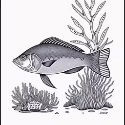 a large fish is swimming in the water,a fish on the bottom of an underwater scene,a fish and an aquarium fish under the seaweed,a drawing of a fish and seaweeds,a black and white photo of a fish