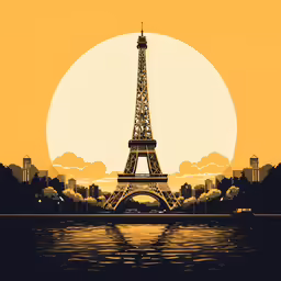 the eiffel tower rises above a body of water at sunset